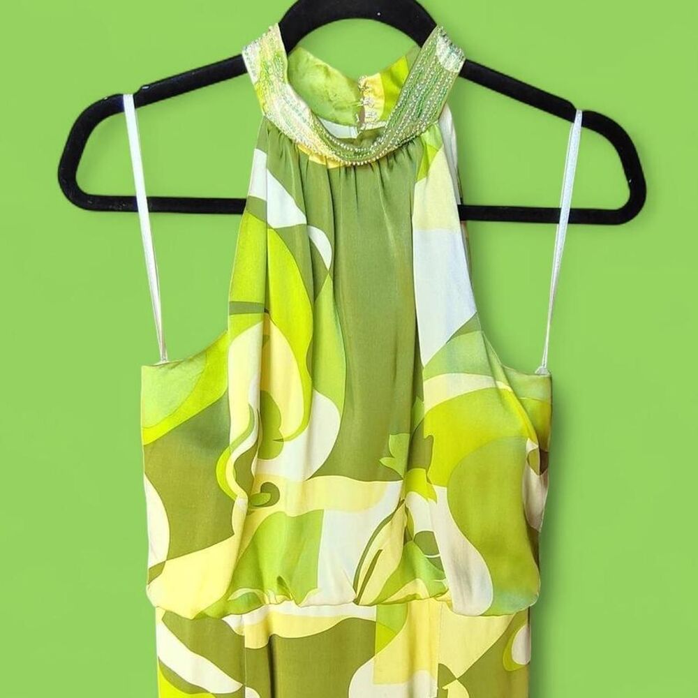 Yellow & Green Retro Vibe 70s Swirl Beaded Halter Maxi Dress (Tall Fit)